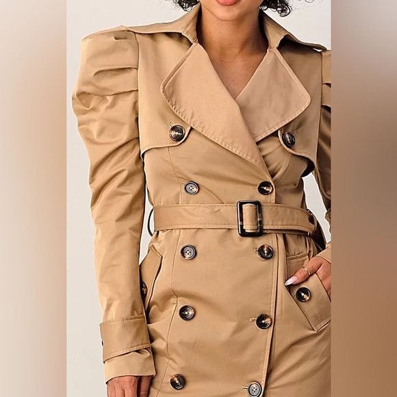 Double Breasted Puffed Shoulder Belted Trench Coat - Picture 7 of 8